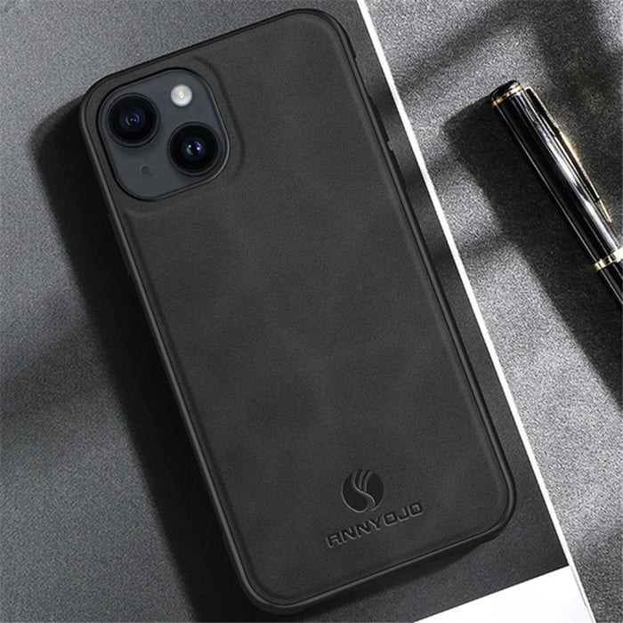ANNYOJO For iPhone 14 Phone Case Support Magnetic Car Mount PU Leather Coated PC+TPU Cover - Coffee - 5