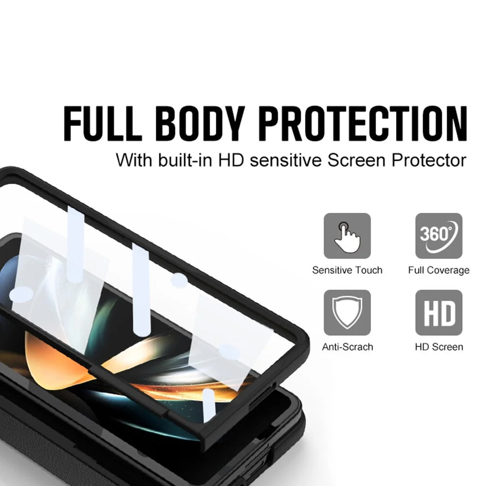 For Samsung Galaxy Z Fold5 5G Kickstand Phone Case PU Leather+PC Shockproof Protective Cover with Tempered Glass Film - Black - 2