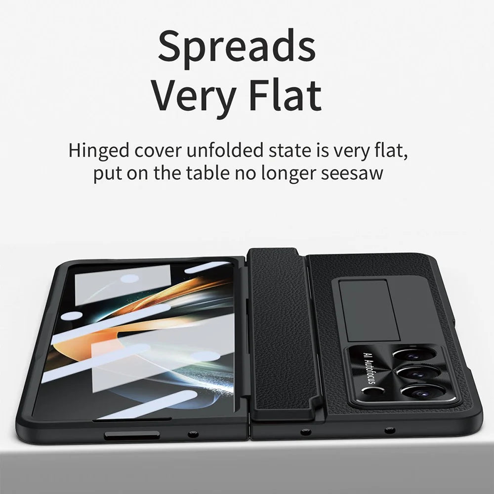 For Samsung Galaxy Z Fold5 5G Kickstand Phone Case PU Leather+PC Shockproof Protective Cover with Tempered Glass Film - Black - 5