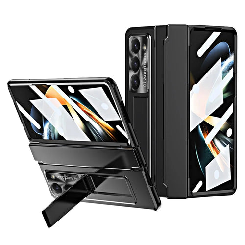 For Samsung Galaxy Z Fold5 5G Kickstand Hard PC Case Protective Phone Cover with Lens Film and Tempered Glass Screen Film - Black - 1