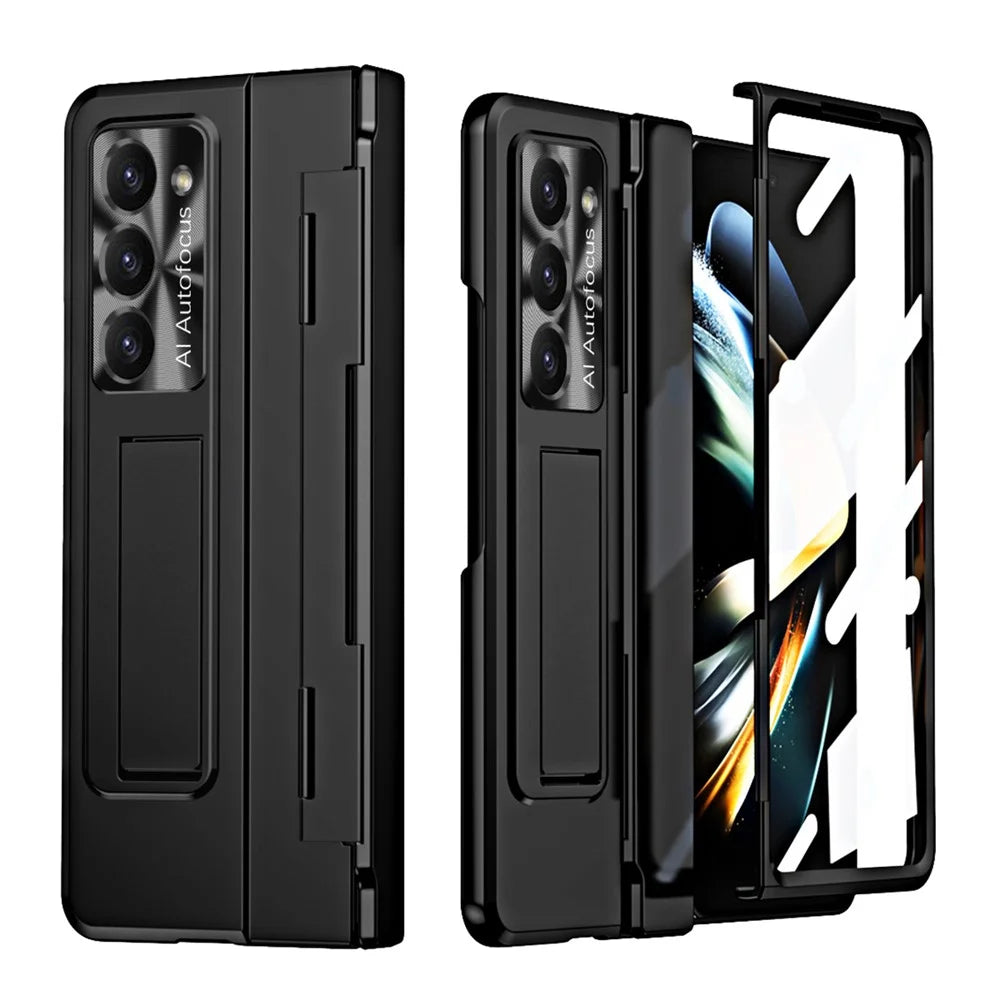 For Samsung Galaxy Z Fold5 5G Kickstand Hard PC Case Protective Phone Cover with Lens Film and Tempered Glass Screen Film - Black - 2