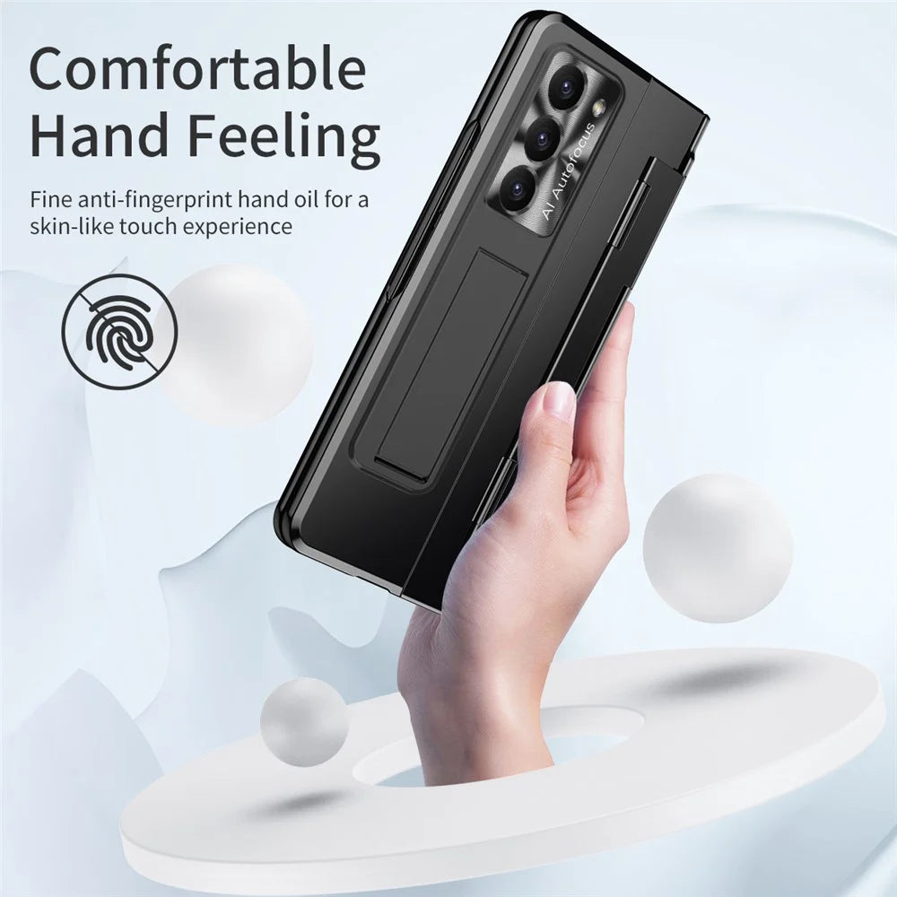 For Samsung Galaxy Z Fold5 5G Kickstand Hard PC Case Protective Phone Cover with Lens Film and Tempered Glass Screen Film - Black - 3