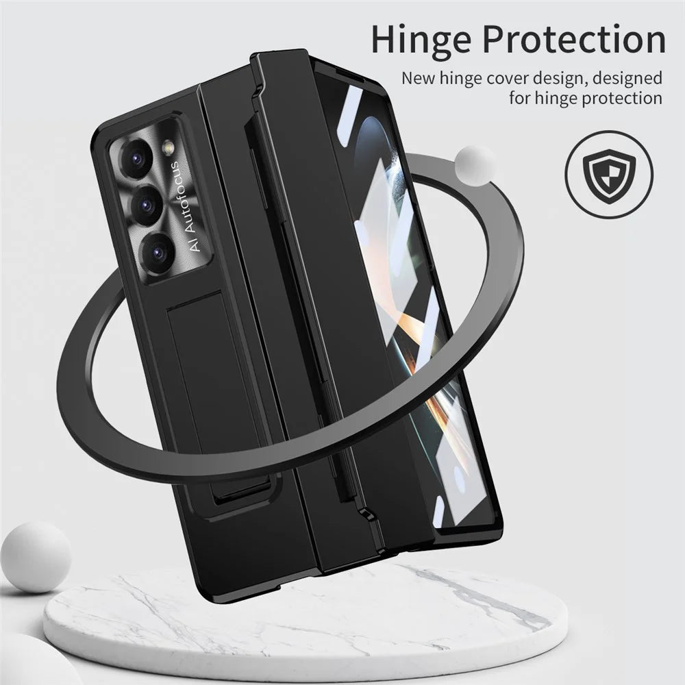 For Samsung Galaxy Z Fold5 5G Kickstand Hard PC Case Protective Phone Cover with Lens Film and Tempered Glass Screen Film - Black - 4