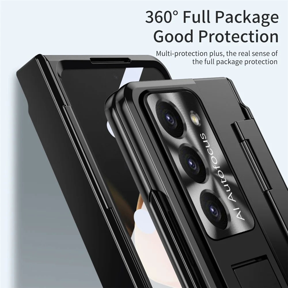 For Samsung Galaxy Z Fold5 5G Kickstand Hard PC Case Protective Phone Cover with Lens Film and Tempered Glass Screen Film - Black - 5