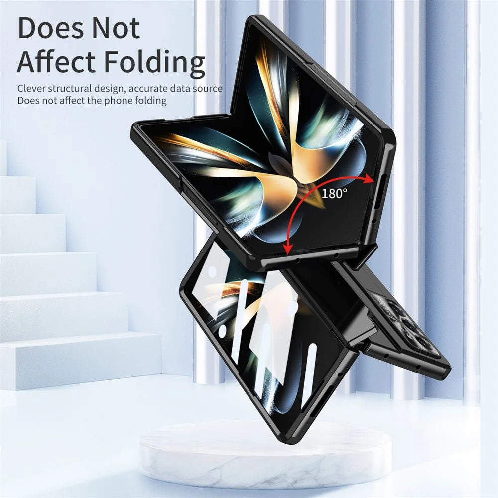 For Samsung Galaxy Z Fold5 5G Kickstand Hard PC Case Protective Phone Cover with Lens Film and Tempered Glass Screen Film - Black - 6