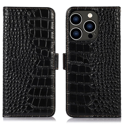 For iPhone 15 Pro RFID Blocking Phone Case Genuine Cow Leather Wallet Stand Anti-drop Cover - Black - 1