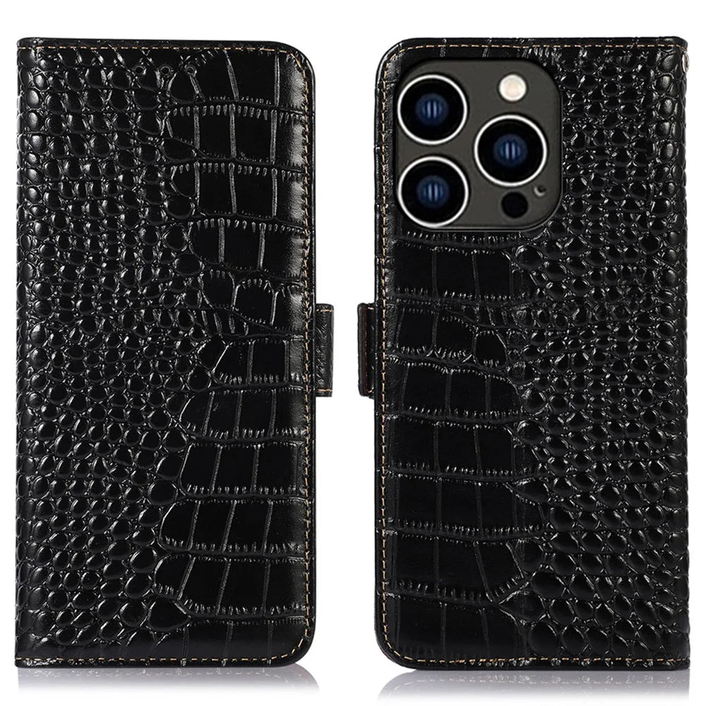 For iPhone 15 Pro RFID Blocking Phone Case Genuine Cow Leather Wallet Stand Anti-drop Cover - Black - 1