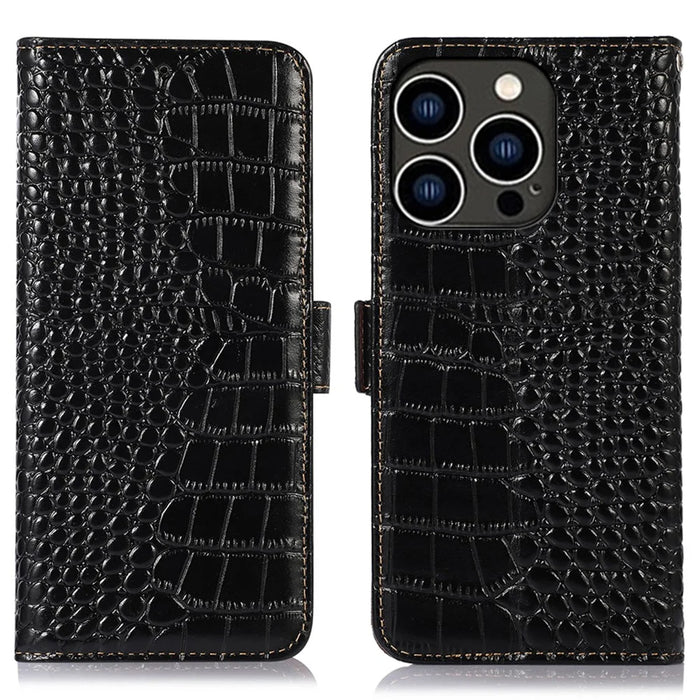 For iPhone 15 Pro RFID Blocking Phone Case Genuine Cow Leather Wallet Stand Anti-drop Cover - Black - 1