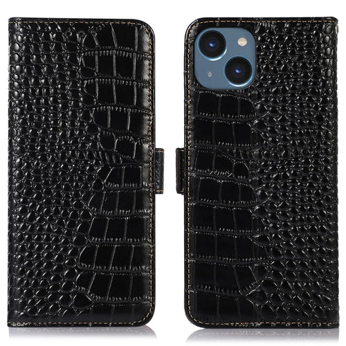 For iPhone 15 Plus RFID Blocking Phone Case Shockproof Genuine Cow Leather Wallet Stand Cover - Black - 1
