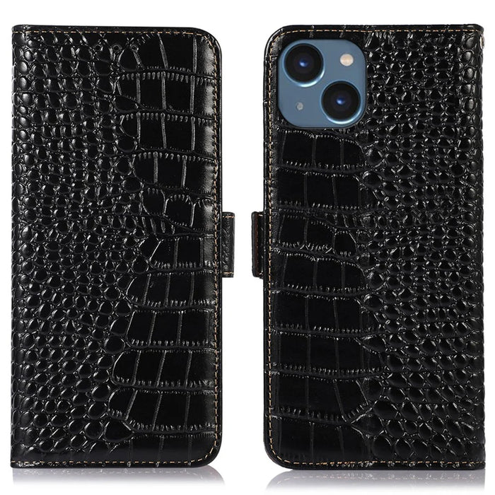 For iPhone 15 RFID Blocking Phone Case Genuine Cow Leather Wallet Stand Drop-proof Cover - Black - 1