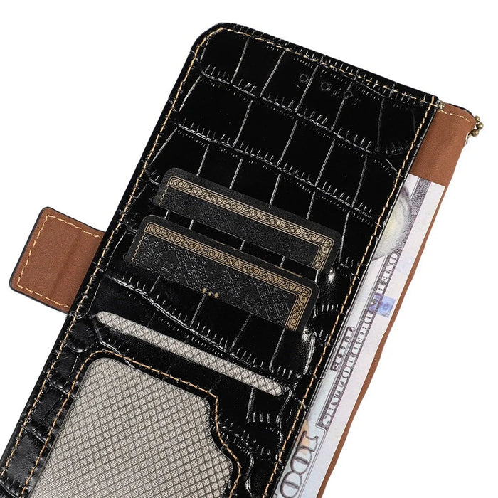 For iPhone 15 RFID Blocking Phone Case Genuine Cow Leather Wallet Stand Drop-proof Cover - Black - 6