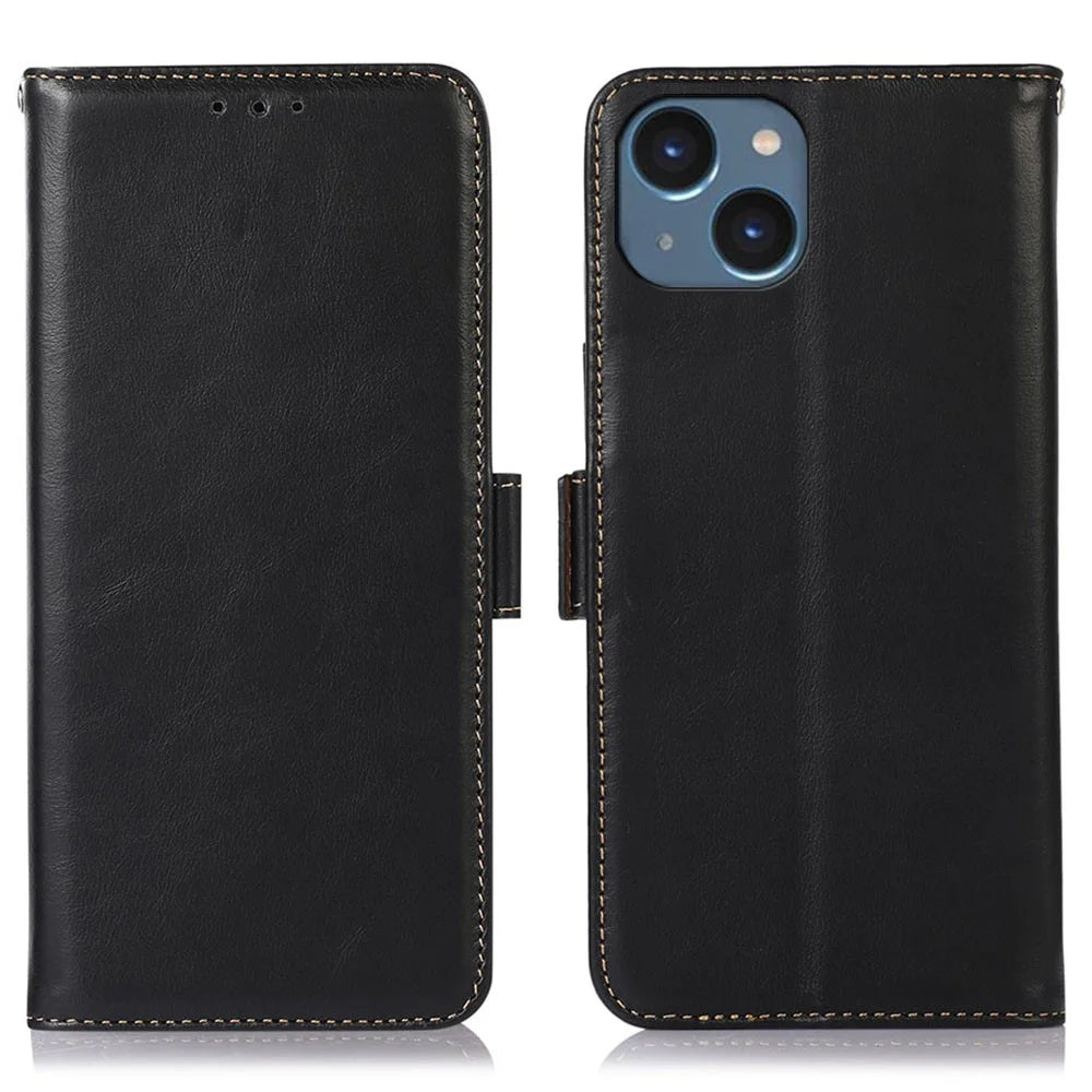 Phone Cover for iPhone 15 Crazy Horse Texture RFID Blocking Wallet Genuine Cow Leather Stand Case - Black - 1