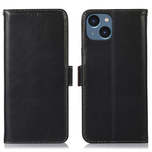 Phone Cover for iPhone 15 Crazy Horse Texture RFID Blocking Wallet Genuine Cow Leather Stand Case - Black - 1
