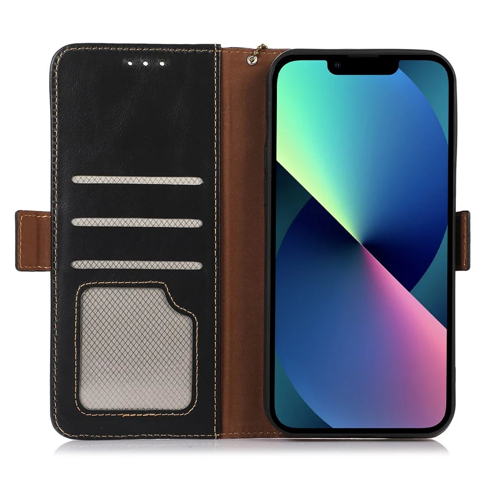 Phone Cover for iPhone 15 Crazy Horse Texture RFID Blocking Wallet Genuine Cow Leather Stand Case - Black - 2