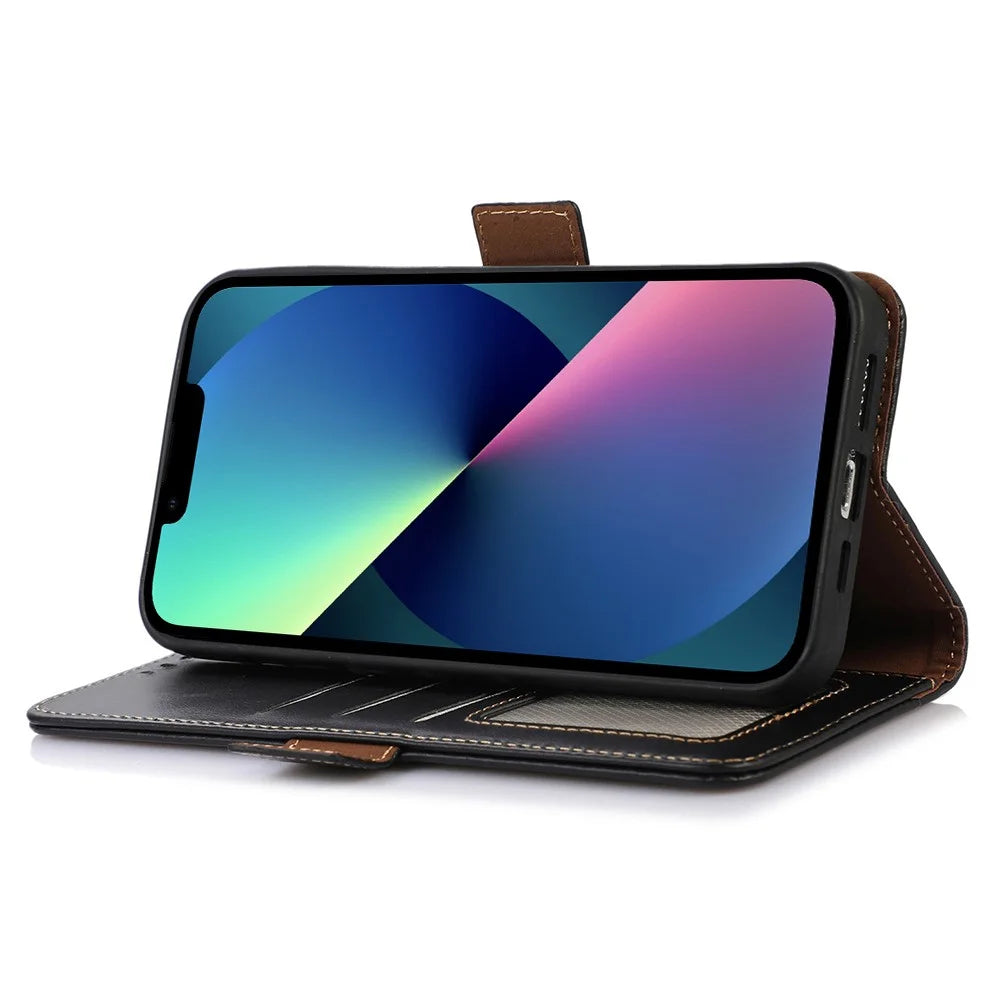 Phone Cover for iPhone 15 Crazy Horse Texture RFID Blocking Wallet Genuine Cow Leather Stand Case - Black - 3