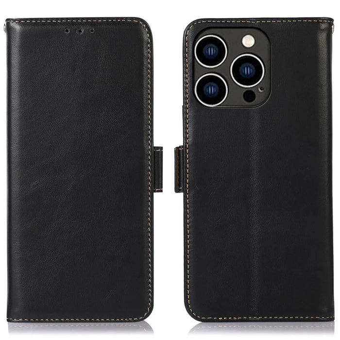 RFID Blocking Phone Case for iPhone 15 Pro Max , Genuine Cow Leather Wallet Phone Stand Cover - Black - 1