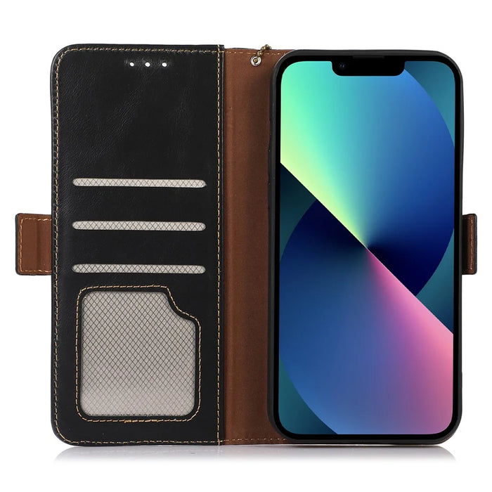 RFID Blocking Phone Case for iPhone 15 Pro Max , Genuine Cow Leather Wallet Phone Stand Cover - Black - 2