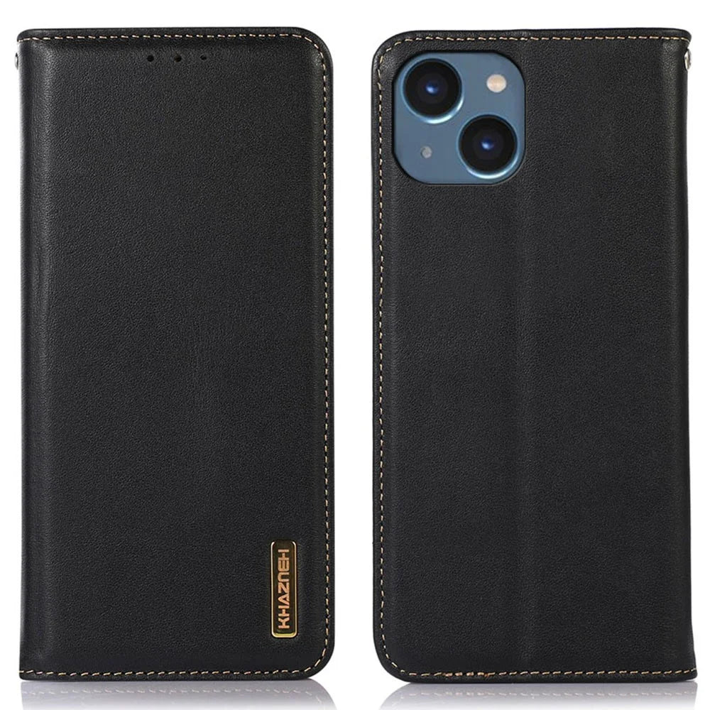 KHAZNEH For iPhone 15 Anti-drop RFID Blocking Wallet Phone Case Genuine Cow Leather Stand Cover - Black - 1