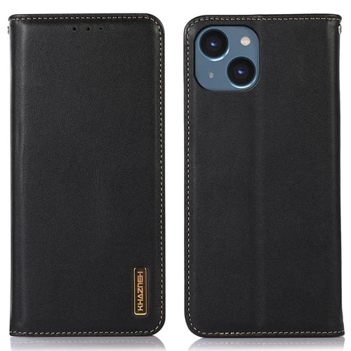 KHAZNEH For iPhone 15 Anti-drop RFID Blocking Wallet Phone Case Genuine Cow Leather Stand Cover - Black - 1