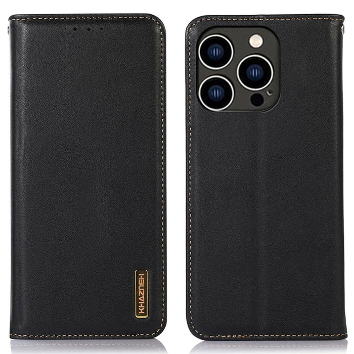KHAZNEH For iPhone 15 Pro Max RFID Blocking Phone Case Genuine Cow Leather Wallet Stand Flip Cover - Black - 1