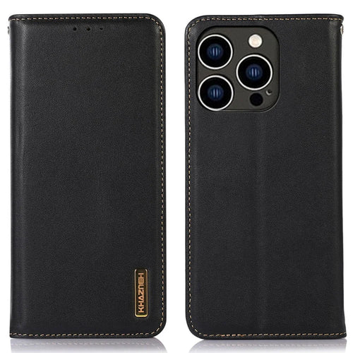 KHAZNEH For iPhone 15 Pro Cowhide Leather Wallet Phone Case RFID Blocking Flip Stand Cover - Black - 1