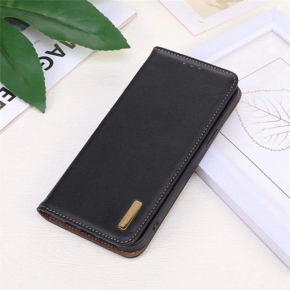 KHAZNEH For iPhone 15 Pro Cowhide Leather Wallet Phone Case RFID Blocking Flip Stand Cover - Black - 6