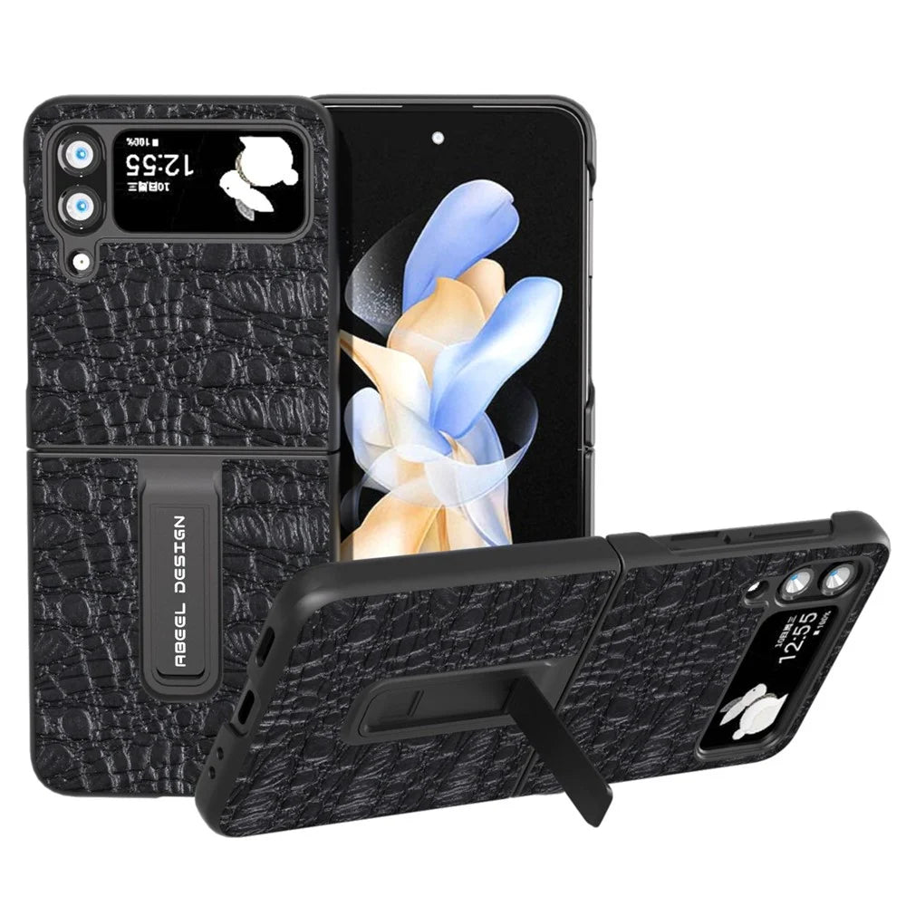 ABEEL For Samsung Galaxy Z Flip4 5G Protective Cover Genuine Cow Leather+PC Kickstand Phone Case - Black - 1