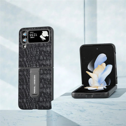 ABEEL For Samsung Galaxy Z Flip4 5G Protective Cover Genuine Cow Leather+PC Kickstand Phone Case - Black - 2