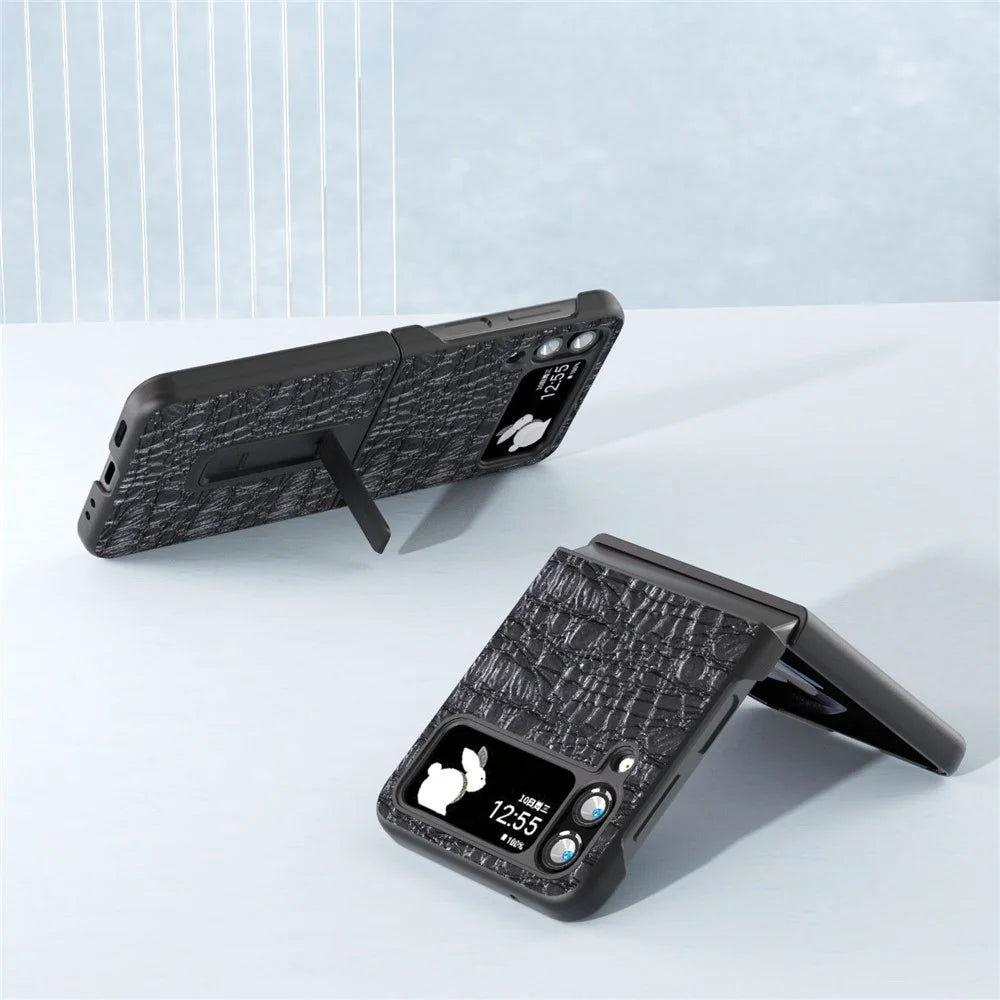 ABEEL For Samsung Galaxy Z Flip4 5G Protective Cover Genuine Cow Leather+PC Kickstand Phone Case - Black - 3