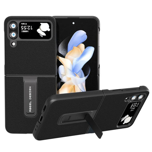 ABEEL For Samsung Galaxy Z Flip4 5G Genuine Cow Leather+PC Phone Case Folding Kickstand Cover - Black - 1