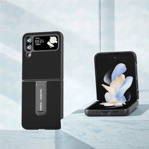 ABEEL For Samsung Galaxy Z Flip4 5G Genuine Cow Leather+PC Phone Case Folding Kickstand Cover - Black - 2