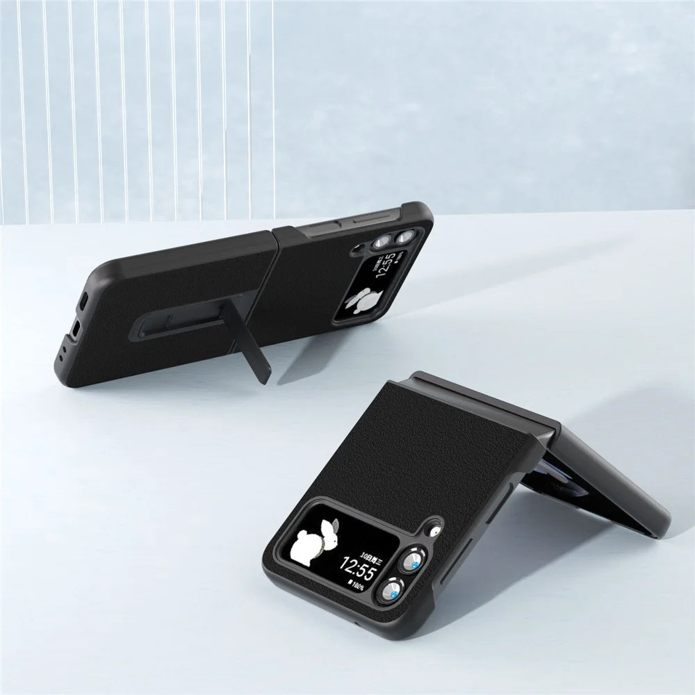 ABEEL For Samsung Galaxy Z Flip4 5G Genuine Cow Leather+PC Phone Case Folding Kickstand Cover - Black - 3