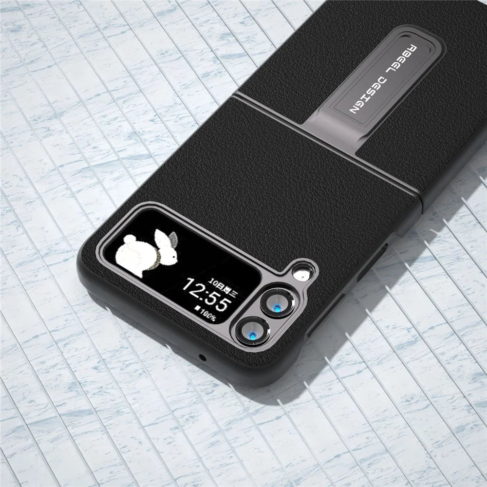 ABEEL For Samsung Galaxy Z Flip4 5G Genuine Cow Leather+PC Phone Case Folding Kickstand Cover - Black - 4