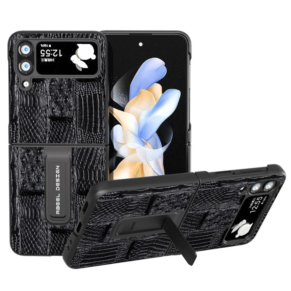ABEEL For Samsung Galaxy Z Flip4 5G Mahjong Texture Anti-slip Case Genuine Cow Leather+PC Kickstand Phone Cover - Black - 1