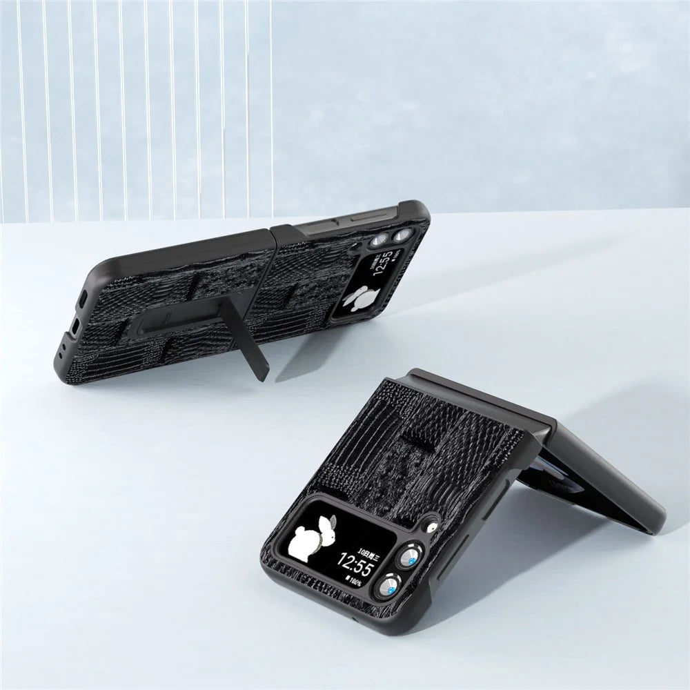 ABEEL For Samsung Galaxy Z Flip4 5G Mahjong Texture Anti-slip Case Genuine Cow Leather+PC Kickstand Phone Cover - Black - 3