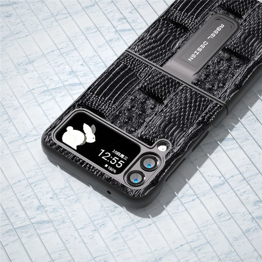ABEEL For Samsung Galaxy Z Flip4 5G Mahjong Texture Anti-slip Case Genuine Cow Leather+PC Kickstand Phone Cover - Black - 4