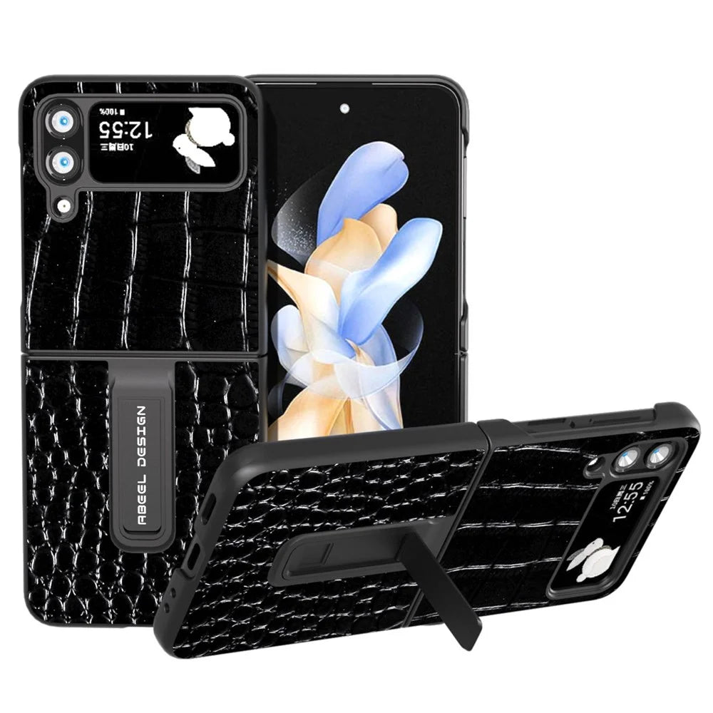 ABEEL For Samsung Galaxy Z Flip4 5G Kickstand Armor Cover Genuine Cow Leather+PC Crocodile Texture Phone Case - Black - 1