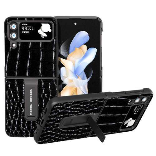ABEEL For Samsung Galaxy Z Flip4 5G Kickstand Armor Cover Genuine Cow Leather+PC Crocodile Texture Phone Case - Black - 1