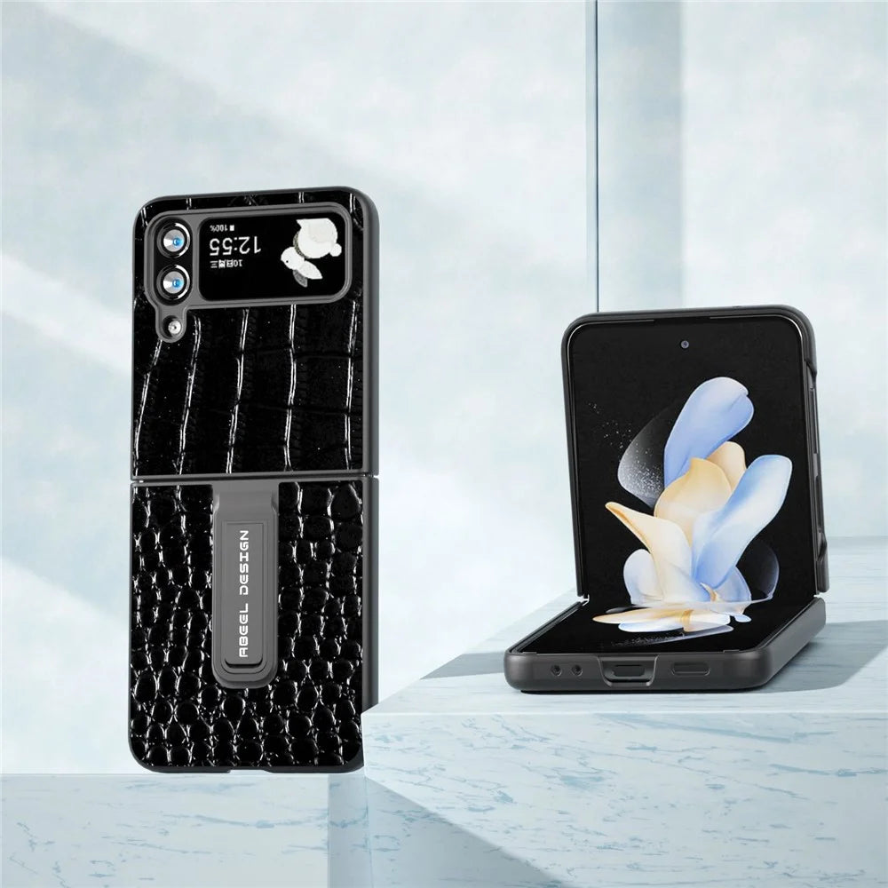 ABEEL For Samsung Galaxy Z Flip4 5G Kickstand Armor Cover Genuine Cow Leather+PC Crocodile Texture Phone Case - Black - 2