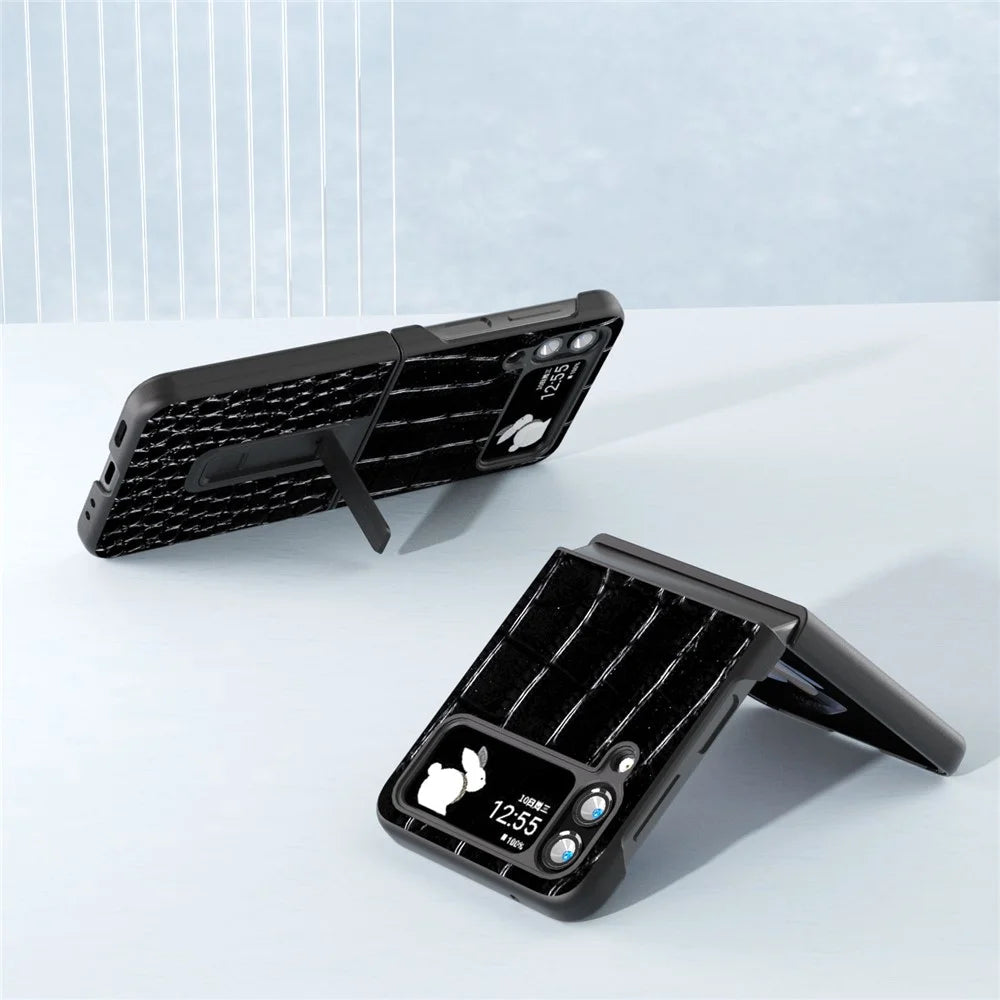 ABEEL For Samsung Galaxy Z Flip4 5G Kickstand Armor Cover Genuine Cow Leather+PC Crocodile Texture Phone Case - Black - 3