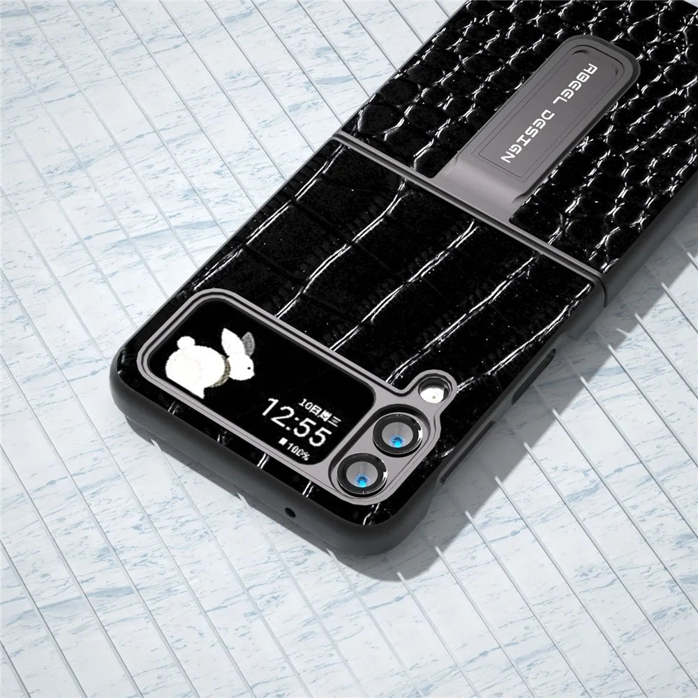 ABEEL For Samsung Galaxy Z Flip4 5G Kickstand Armor Cover Genuine Cow Leather+PC Crocodile Texture Phone Case - Black - 4