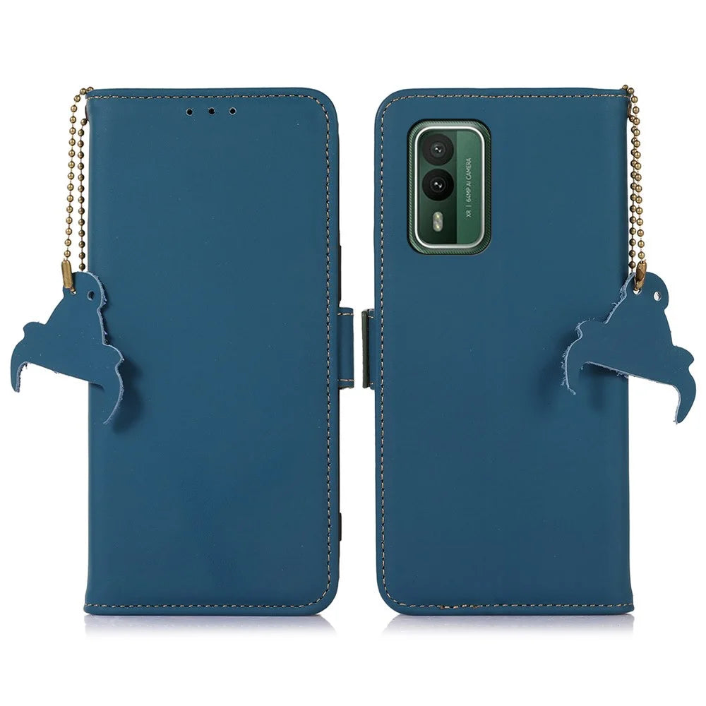RFID Blocking Genuine Cow Leather Case for Nokia XR21, Wallet Stand Full Protection Phone Cover - Blue - 1