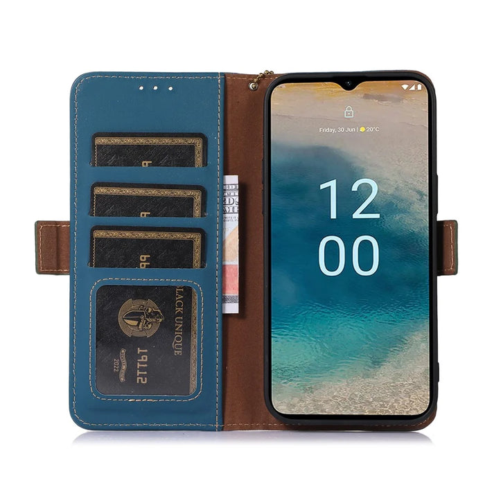 RFID Blocking Genuine Cow Leather Case for Nokia XR21, Wallet Stand Full Protection Phone Cover - Blue - 3