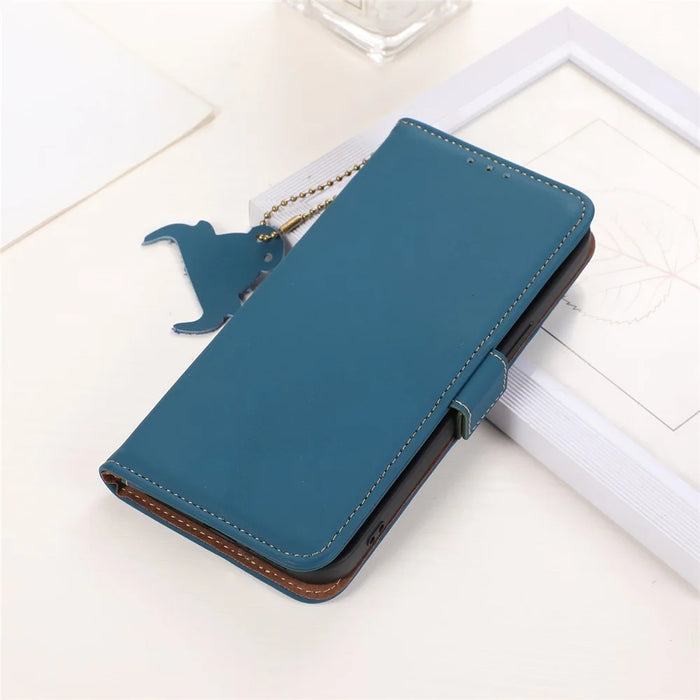 RFID Blocking Genuine Cow Leather Case for Nokia XR21, Wallet Stand Full Protection Phone Cover - Blue - 6