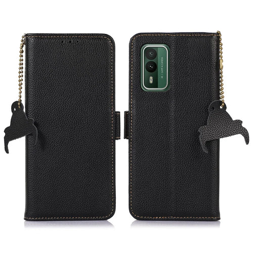 For Nokia XR21 RFID Blocking Phone Cover Stand Genuine Cow Leather Phone Wallet Case - Black - 1