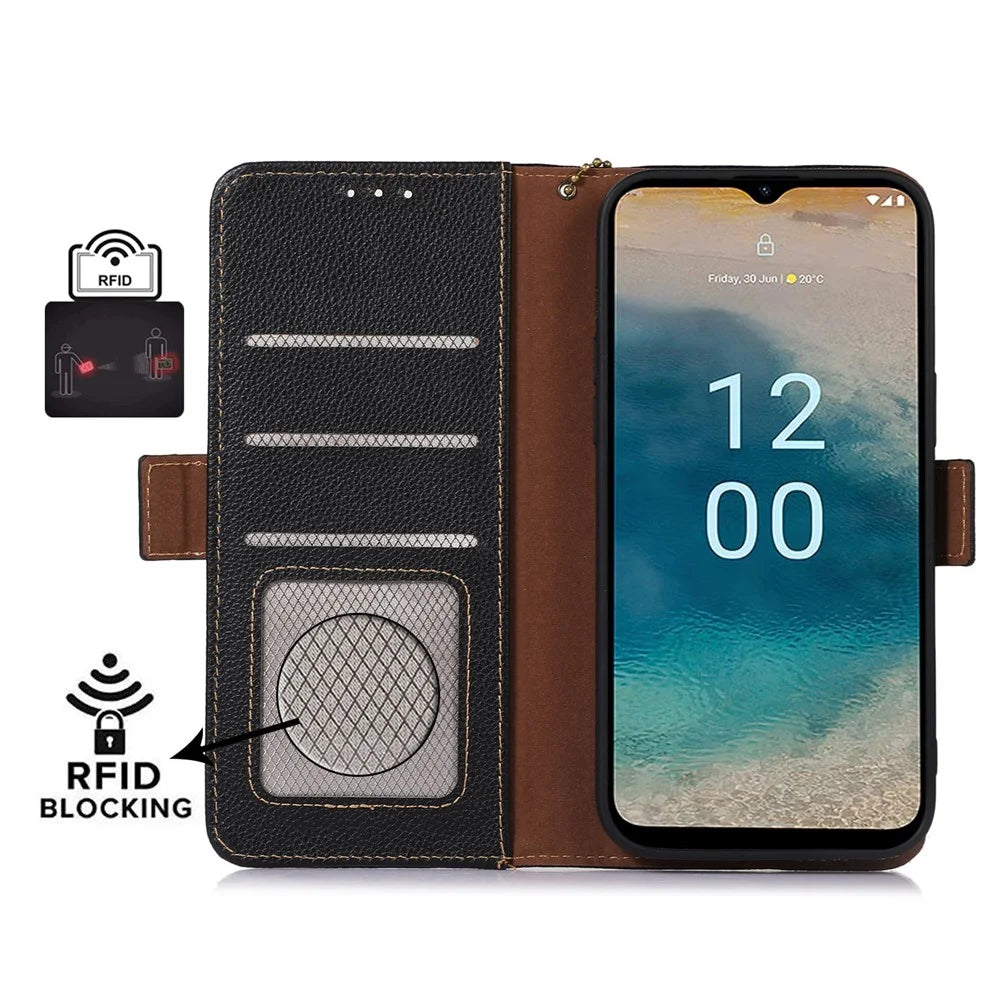 For Nokia XR21 RFID Blocking Phone Cover Stand Genuine Cow Leather Phone Wallet Case - Black - 2