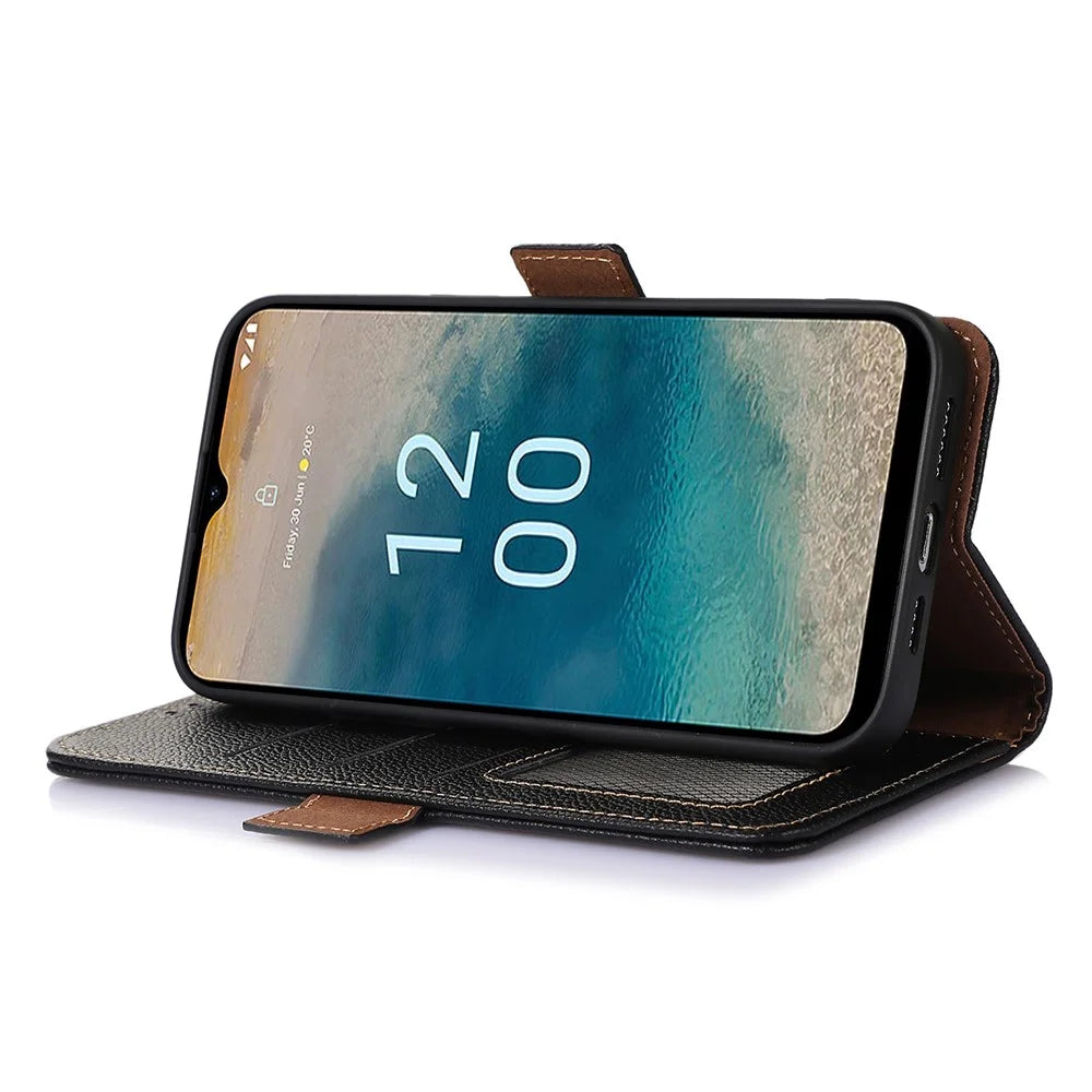 For Nokia XR21 RFID Blocking Phone Cover Stand Genuine Cow Leather Phone Wallet Case - Black - 3