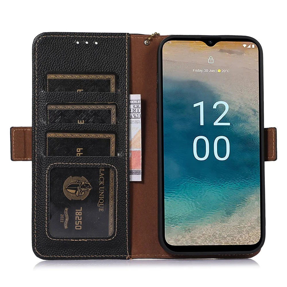 For Nokia XR21 RFID Blocking Phone Cover Stand Genuine Cow Leather Phone Wallet Case - Black - 4