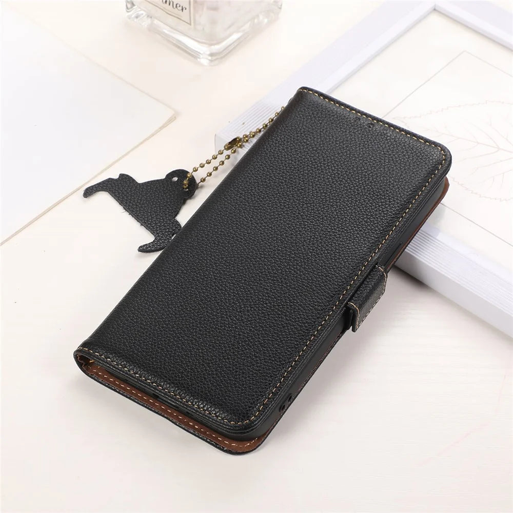 For Nokia XR21 RFID Blocking Phone Cover Stand Genuine Cow Leather Phone Wallet Case - Black - 6