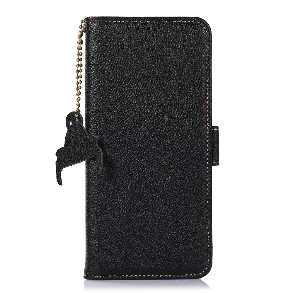 For Nokia XR21 RFID Blocking Phone Cover Stand Genuine Cow Leather Phone Wallet Case - Black - 7